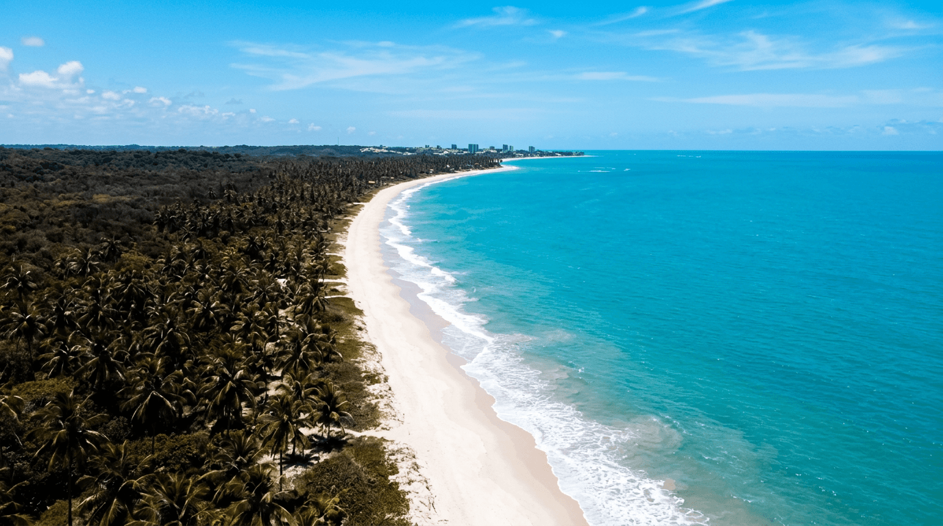 Vista panorâmica ilustrativa do litoral de João Pessoa, com coqueiros, praia e mar turquesa